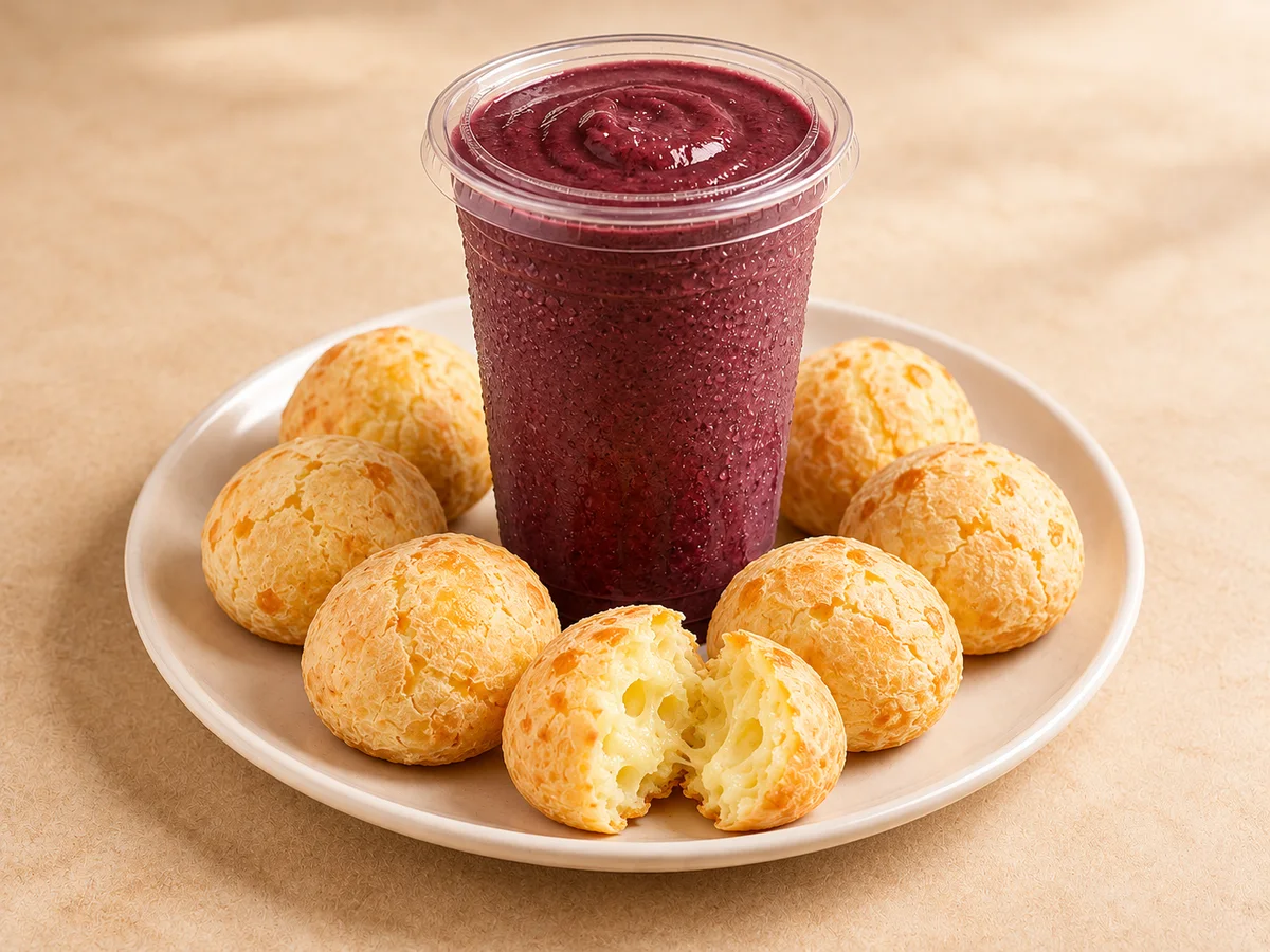 Illustrative pairing of an açaí shake surrounded by warm Brazilian cheese breads