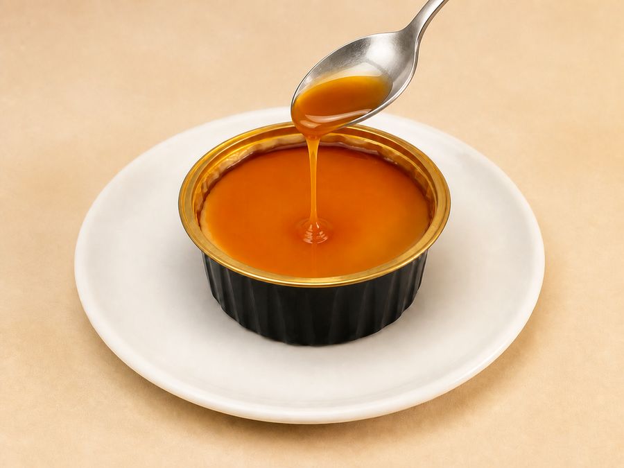 Pudim individual redondo com uma colher derramando calda de caramelo