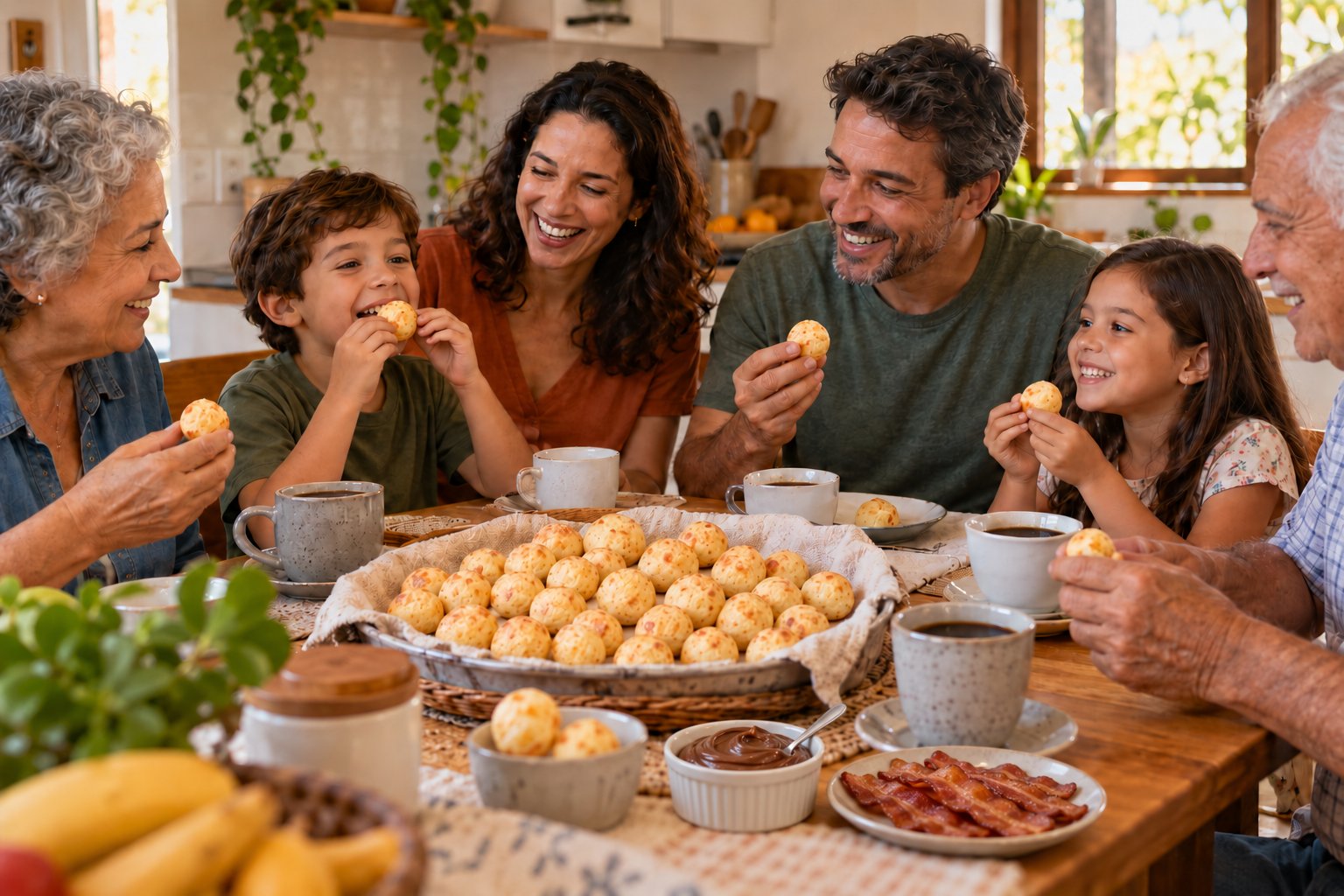 Illustrative family breakfast with small, warm pão de queijo, coffee, bacon and chocolate-hazelnut spread